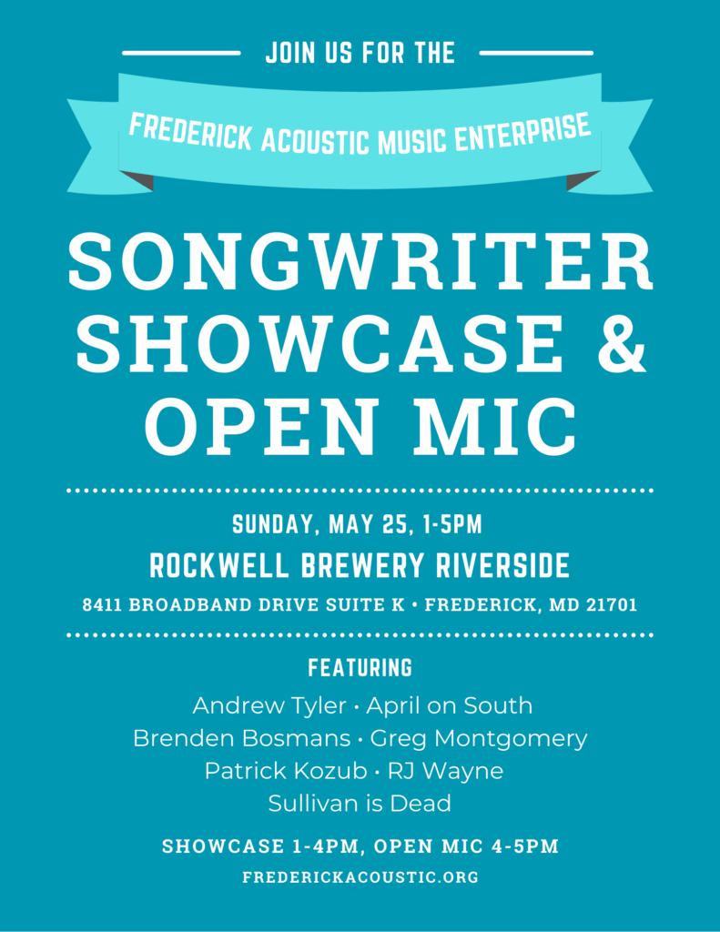 Flyer - Songwriter showcase and open mic! 5/25 at Rockwell Brewery