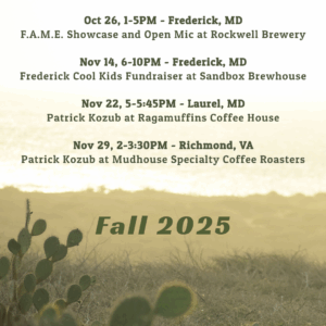 Shows on Oct 26th, 1-5 at Rockwell Brewing; Nov 14th at Sandbox Brewhouse in Frederick, MD; Nov 22nd 5PM in Laurel, MD; Nov 29th at Mudhouse Specialty Coffee Roasters in Richmond, VA